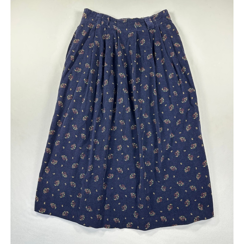 Vintage 80s Lands End‎ Corduroy Midi Skirt Sz 12 Navy Blue Paisley Pleated USA - Picture 2 of 9